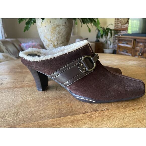 Vintage Aerosoles Pumps Womens Shearling Mule Block High Heels Brown Suede Comfo - Picture 7 of 7